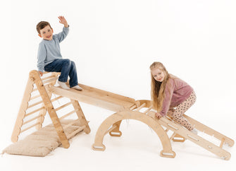 The 4in1 Montessori Climbing Set consists of: Triangle Ladder + Arch/Rocker + Slide Board/Ramp + Net – Chocolate