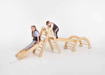 The 4in1 Montessori Climbing Set consists of: Triangle Ladder + Arch/Rocker + Slide Board/Ramp + Net – Chocolate