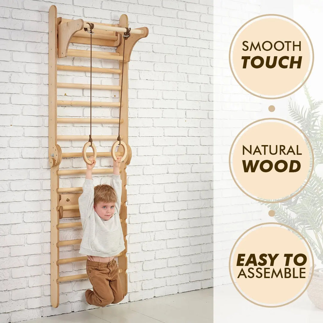 3in1 Wooden Swedish Wall / Climbing ladder for Children + Swing Set + Slide Board - Goodevas