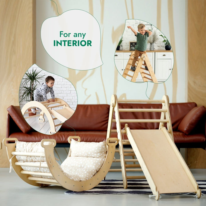 4in1 Montessori Climbing Set: Triangle Ladder + Climbing Arch + Slide Board & Cushion – Beige - Goodevas
