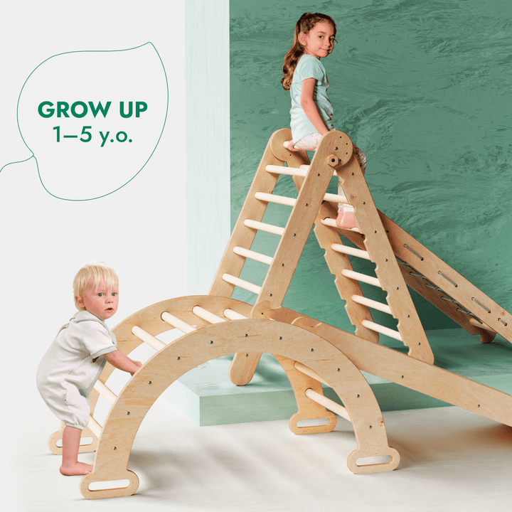 4in1 Montessori Climbing Set: Triangle Ladder + Climbing Arch + Slide Board + Net – Beige - Goodevas