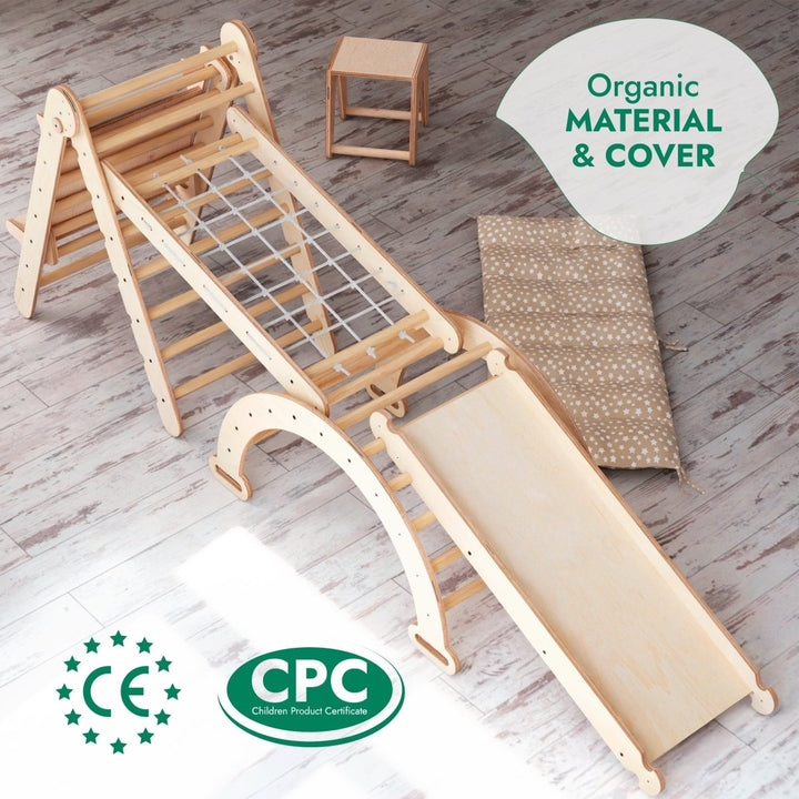 6in1 Montessori Climbing Set: Triangle Ladder + Arch/Rocker + Slide/Ramp + Net + Cushion + Art Addition - Goodevas