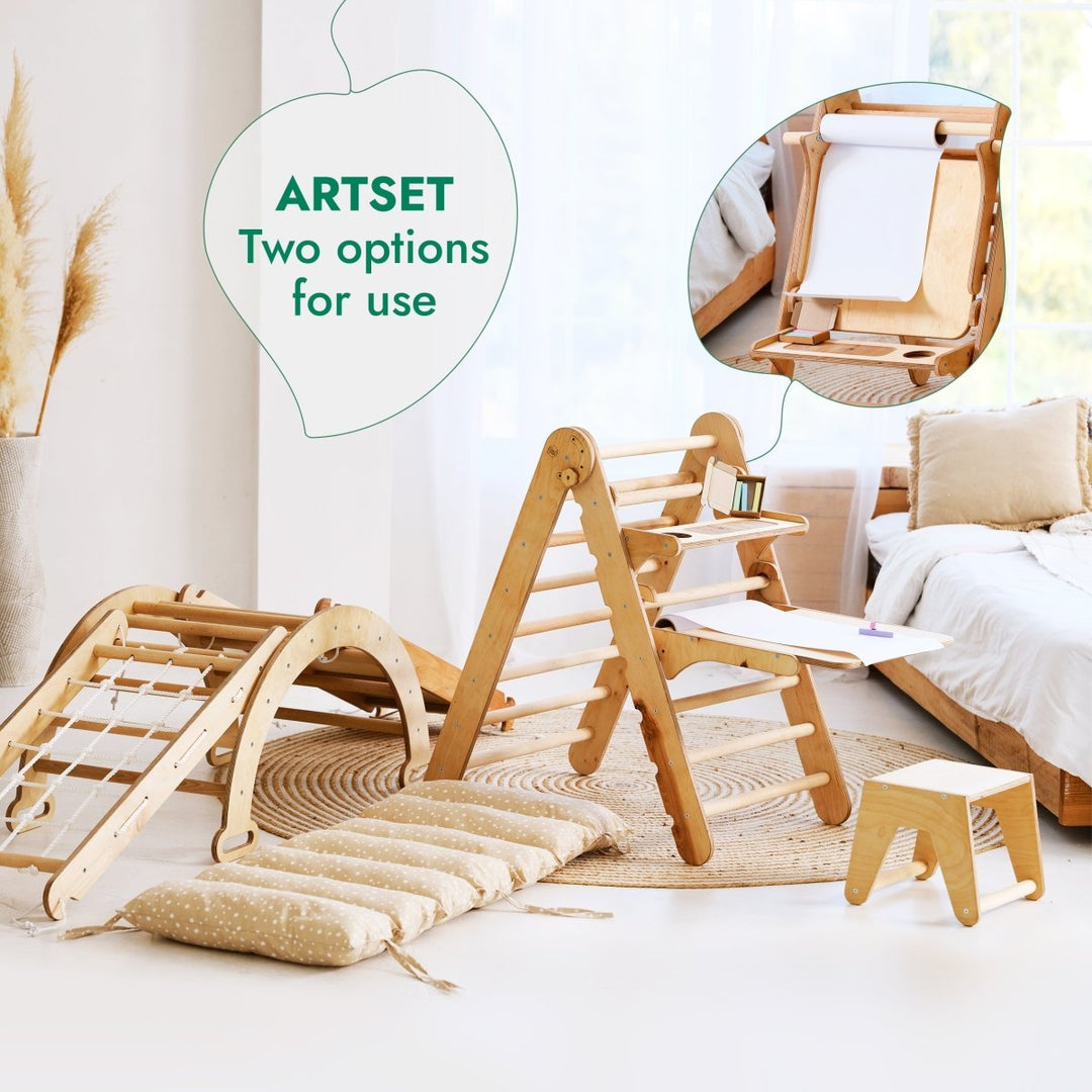 6in1 Montessori Climbing Set: Triangle Ladder + Arch/Rocker + Slide/Ramp + Net + Cushion + Art Addition - Goodevas