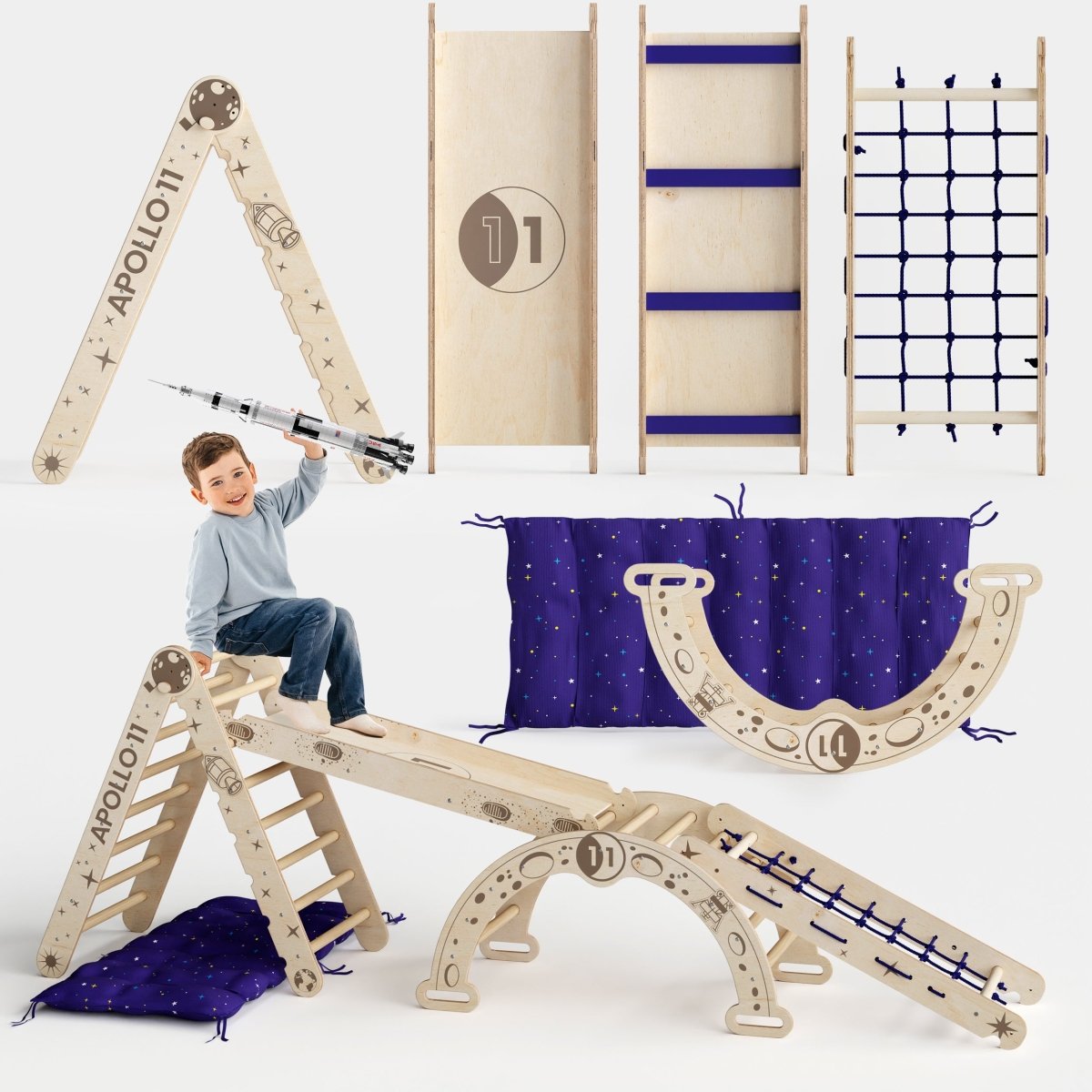 apolina kids アポリナ　3-5Y Apollo 5in1 Climbing Set: Pikler Triangle, Net, Arch, Slide Board, and