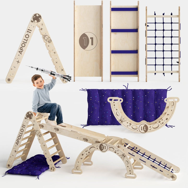 Apollo 5in1 Climbing Set: Pikler Triangle, Net, Arch, Slide Board, and Cushion for Little Astronauts - Goodevas