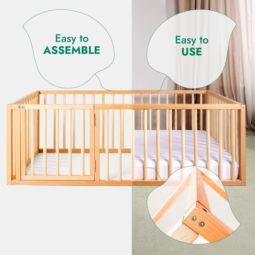 Full Montessori Floor Bed Frame for Toddlers with Fence - Goodevas