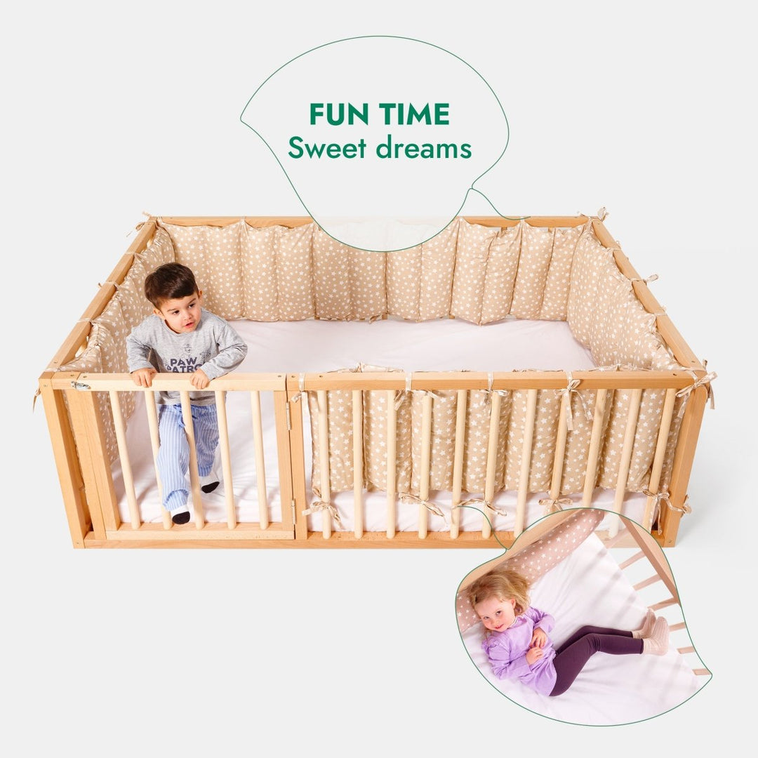 Full Montessori Floor Bed Frame for Toddlers with Fence - Goodevas