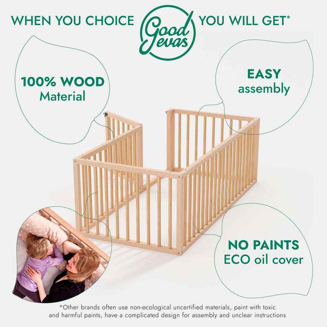 Full Montessori Floor Bed Frame for Toddlers with Fence - Goodevas