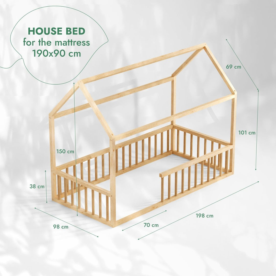 Montessori House Bed for Kids with Fence - Goodevas