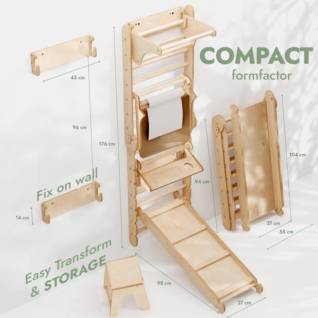 Wooden Swedish Wall / Climbing ladder for Children + Swing Set + Slide Board + Art Add - on - Goodevas