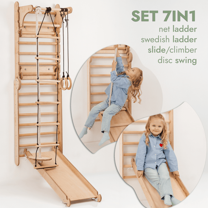 Wooden Swedish Wall / Climbing ladder for Children + Swing Set + Slide Board + Art Add - on - Goodevas