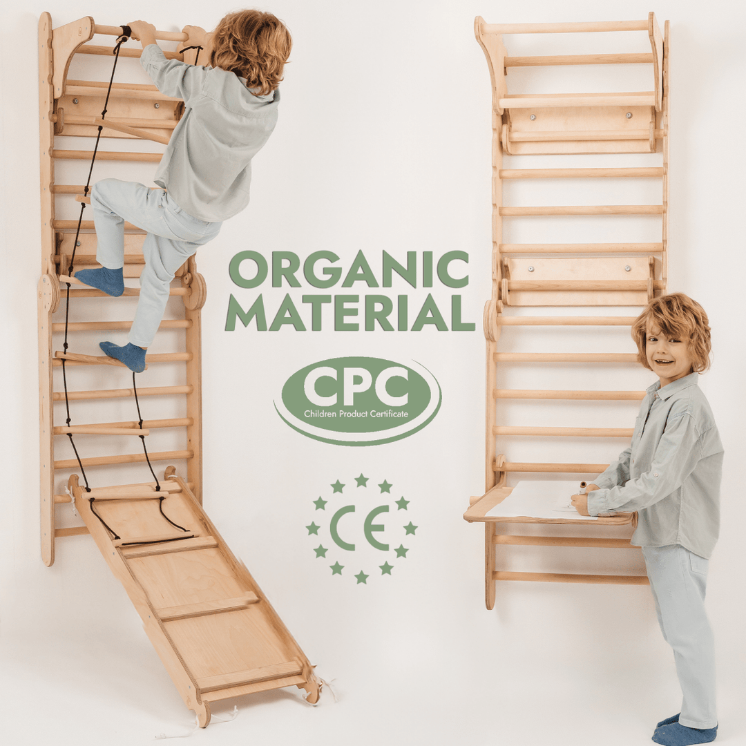 Wooden Swedish Wall / Climbing ladder for Children + Swing Set + Slide Board + Art Add - on - Goodevas