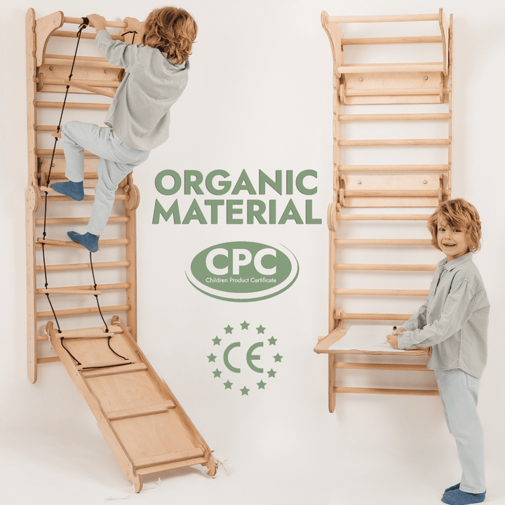 Wooden Swedish Wall / Climbing ladder for Children + Swing Set + Slide Board + Art Add - on - Goodevas