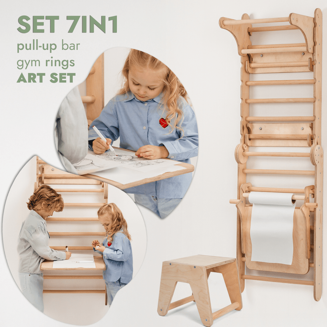 Wooden Swedish Wall / Climbing ladder for Children + Swing Set + Slide Board + Art Add - on - Goodevas