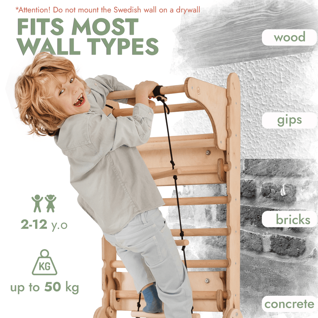 Wooden Swedish Wall / Climbing ladder for Children + Swing Set + Slide Board + Art Add - on - Goodevas