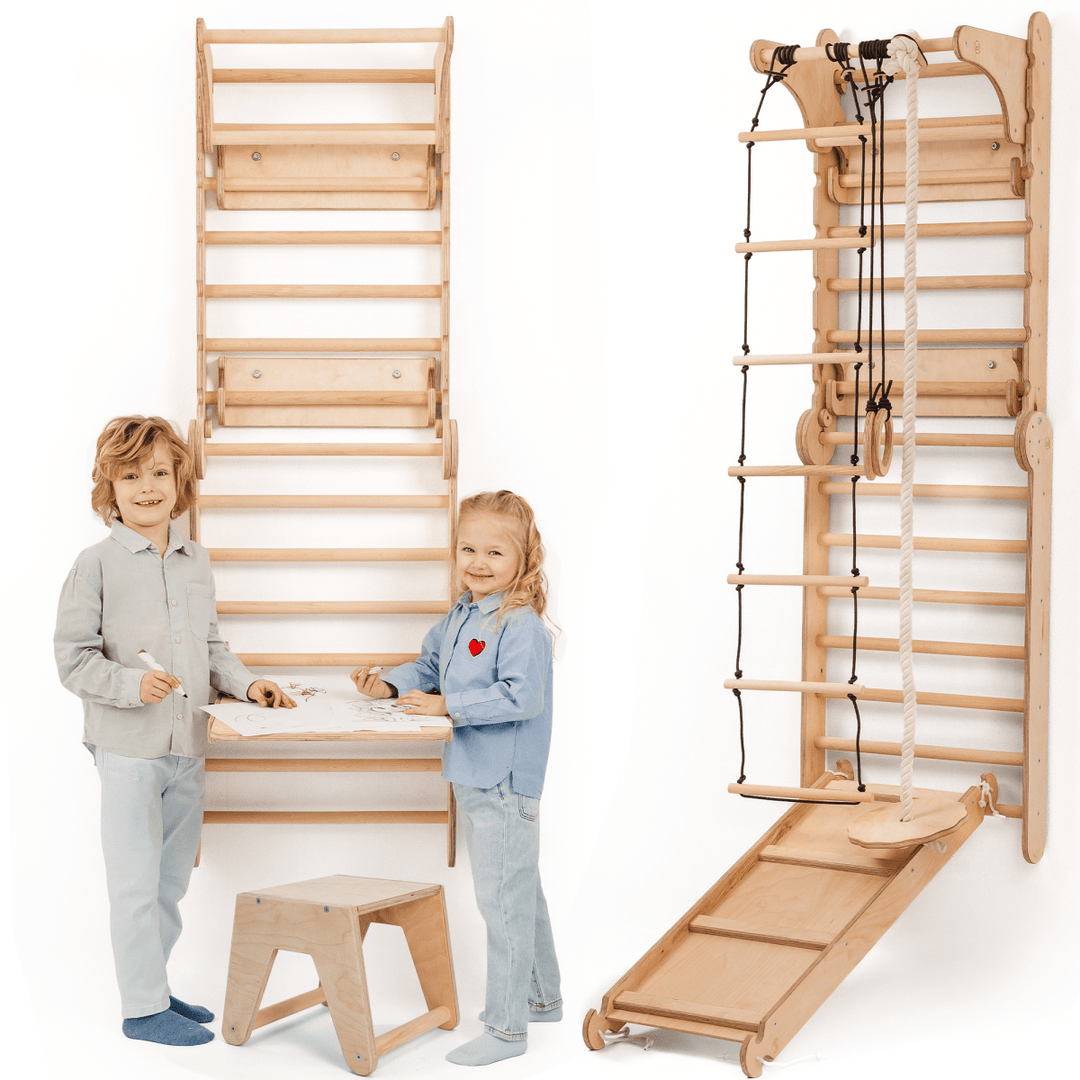 Wooden Swedish Wall / Climbing ladder for Children + Swing Set + Slide Board + Art Add - on - Goodevas