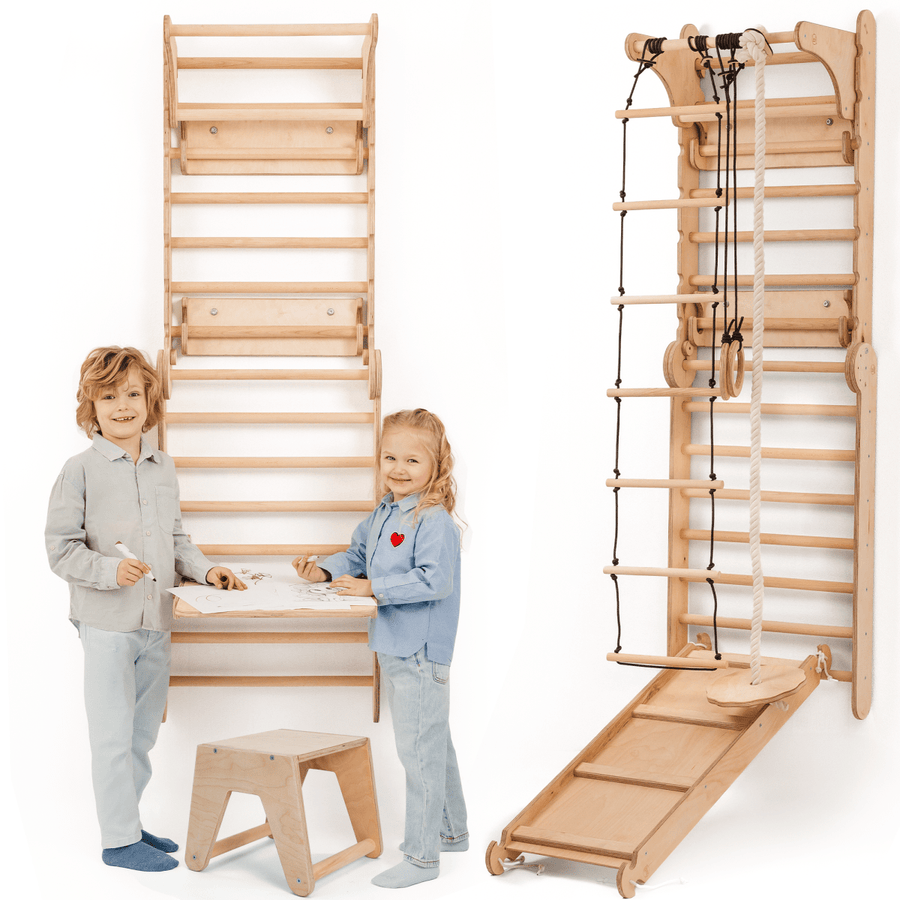 Wooden Swedish Wall / Climbing ladder for Children + Swing Set + Slide Board + Art Add - on - Goodevas