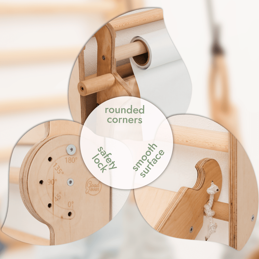 Wooden Swedish Wall / Climbing ladder for Children + Swing Set + Slide Board + Art Add - on - Goodevas