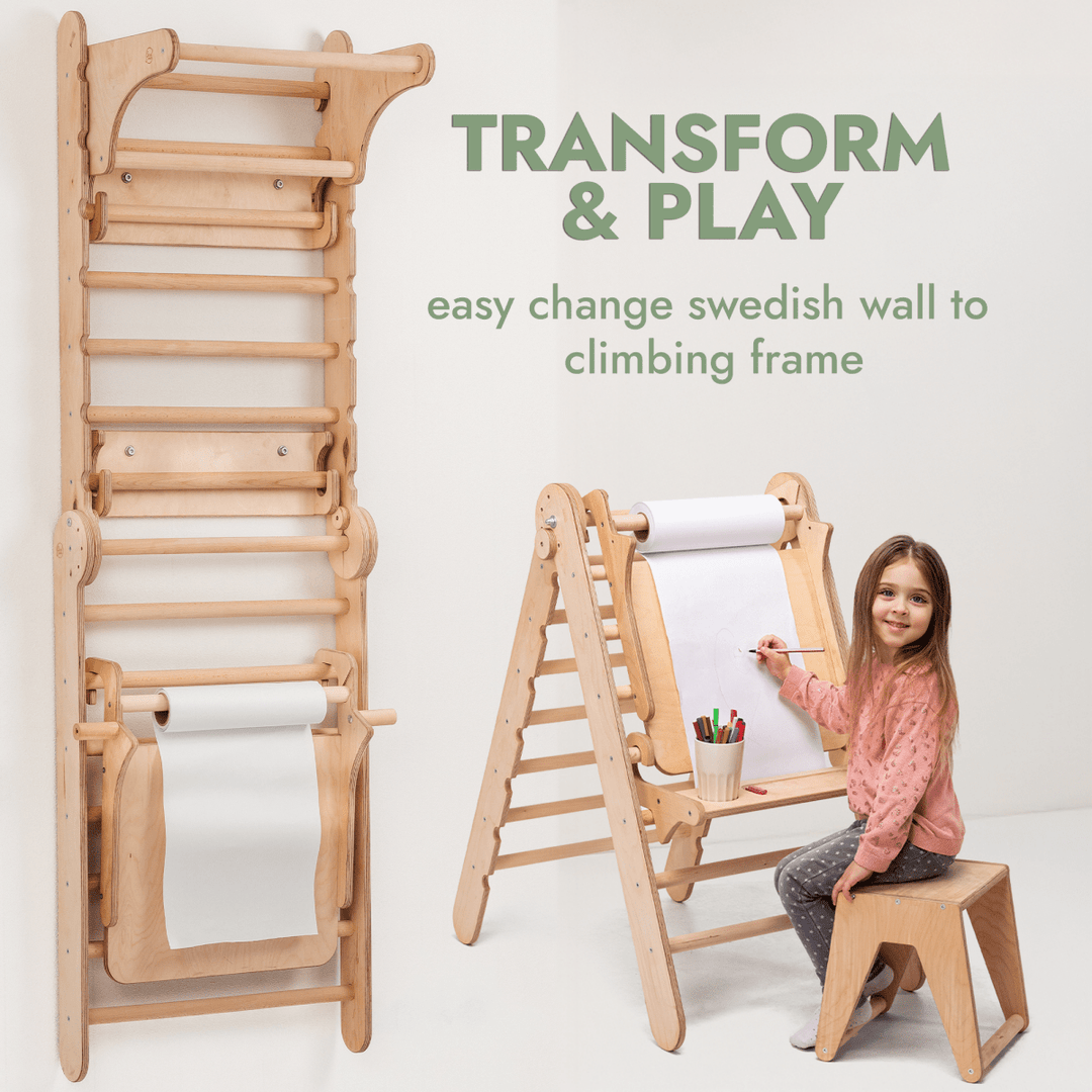 Wooden Swedish Wall / Climbing ladder for Children + Swing Set + Slide Board + Art Add - on - Goodevas