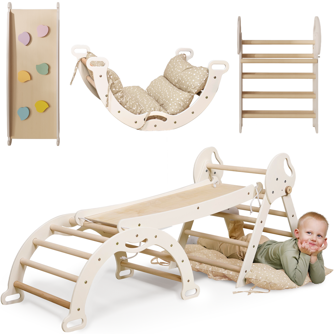 4-in-1 Kletterset für Kleinkinder: Pikler-Dreieck + Kletterbogen + Rutschbrett + Kissen – Beige