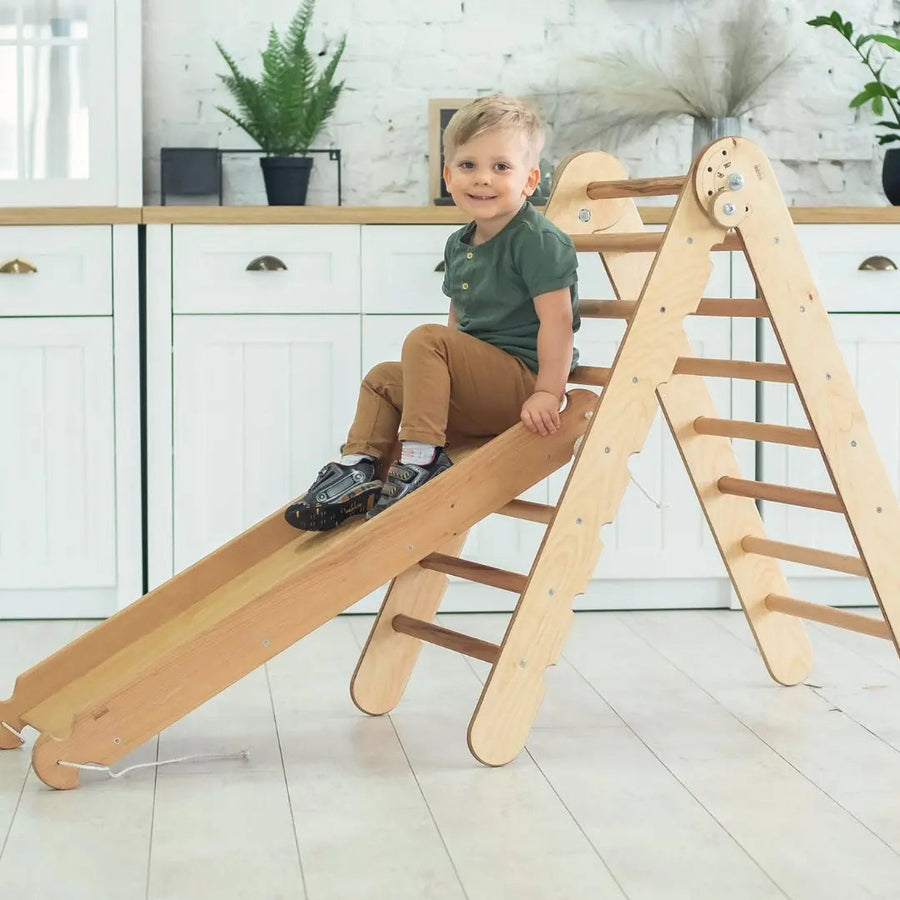 2in1 Montessori Climbing Set: Triangle Ladder + Slide Board/Ramp – Beige - Goodevas