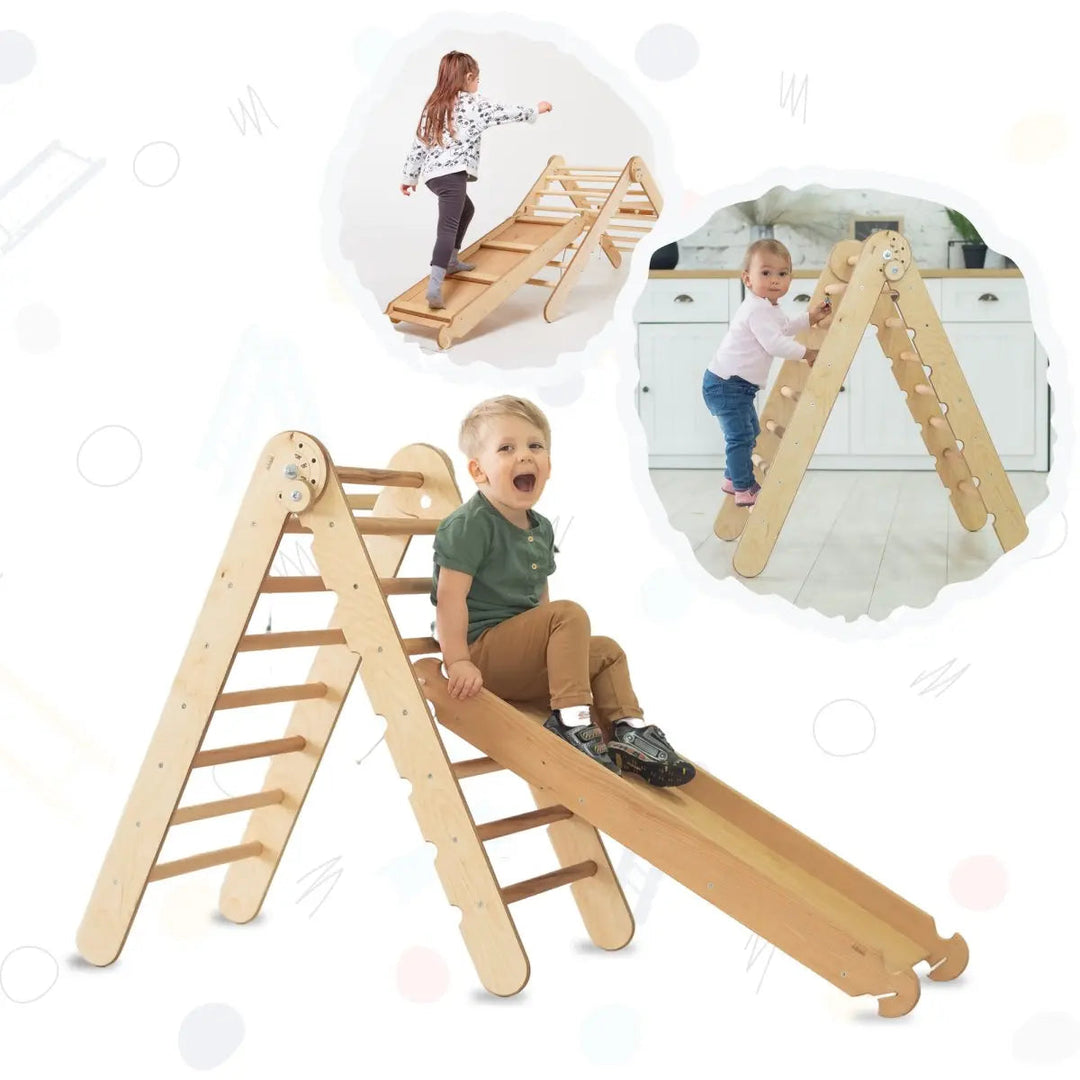 Ensemble avec L'échelle triangulaire 2 en 1: Triangulaire  + Toboggan – Beige