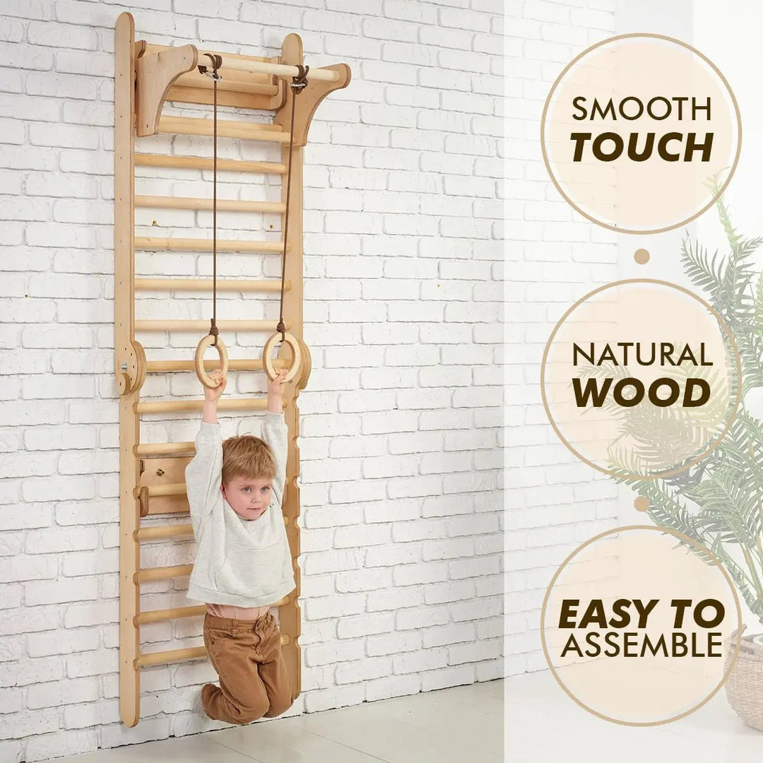 2in1 Wooden Swedish Wall & Climbing Ladder with Swing Set for Children - Goodevas