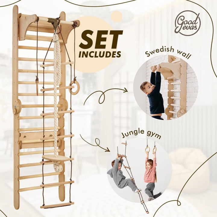 2in1 Wooden Swedish Wall & Climbing Ladder with Swing Set for Children - Goodevas