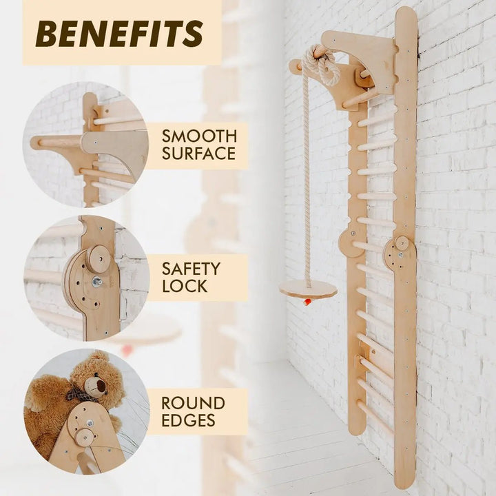 2in1 Wooden Swedish Wall & Climbing Ladder with Swing Set for Children - Goodevas