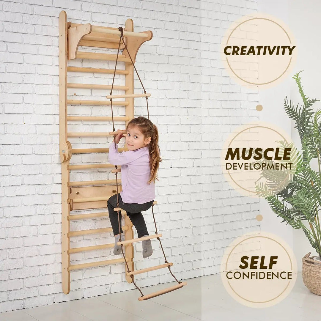 2in1 Wooden Swedish Wall & Climbing Ladder with Swing Set for Children - Goodevas