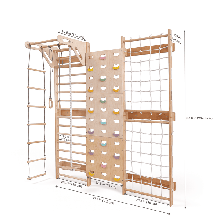 7-in-1 Climbing Wall for Kids: Wall Bars, Rock Wall, Net, Pull-Up Bar, 3-in-1 Swing Set