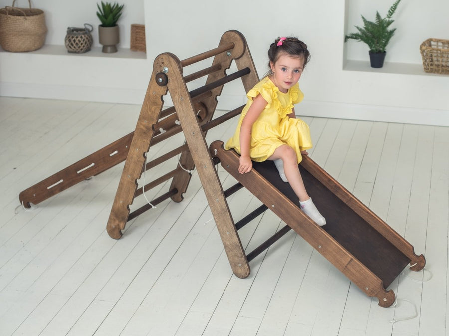 3in1 Montessori Climbing Frame Set: Triangle Ladder + Slide Board/Ramp + Net – Chocolate - Goodevas