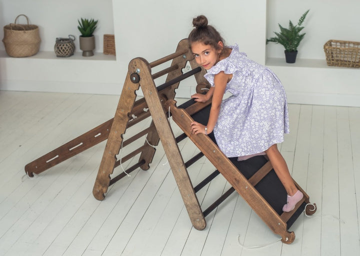 3in1 Montessori Climbing Frame Set: Triangle Ladder + Slide Board/Ramp + Net – Chocolate - Goodevas