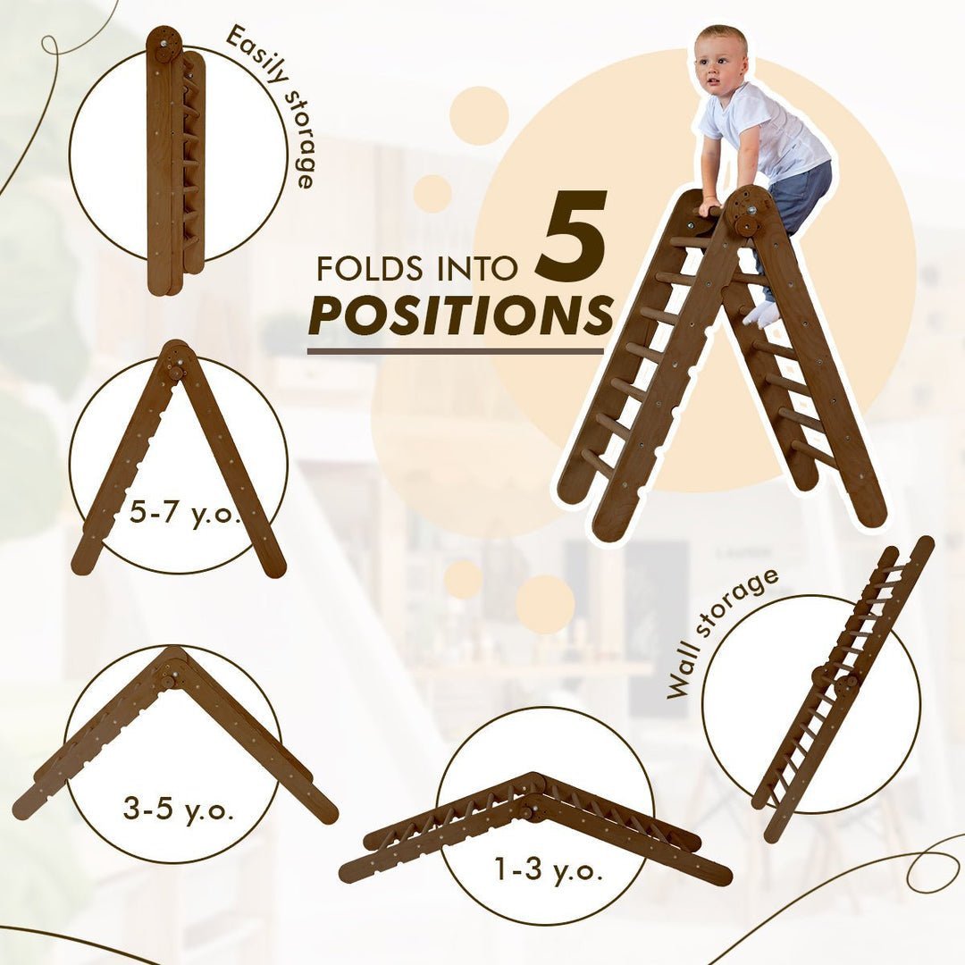 3in1 Montessori Climbing Frame Set: Triangle Ladder + Slide Board/Ramp + Net – Chocolate - Goodevas