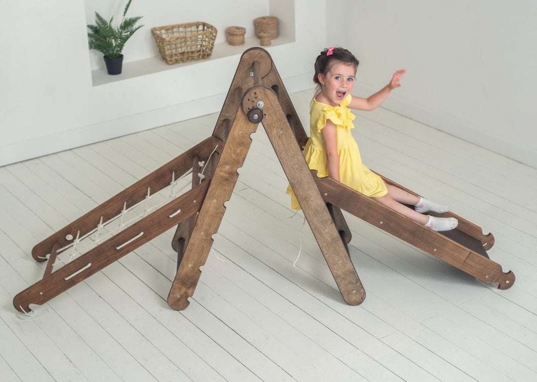 3in1 Montessori Climbing Frame Set: Triangle Ladder + Slide Board/Ramp + Net – Chocolate - Goodevas