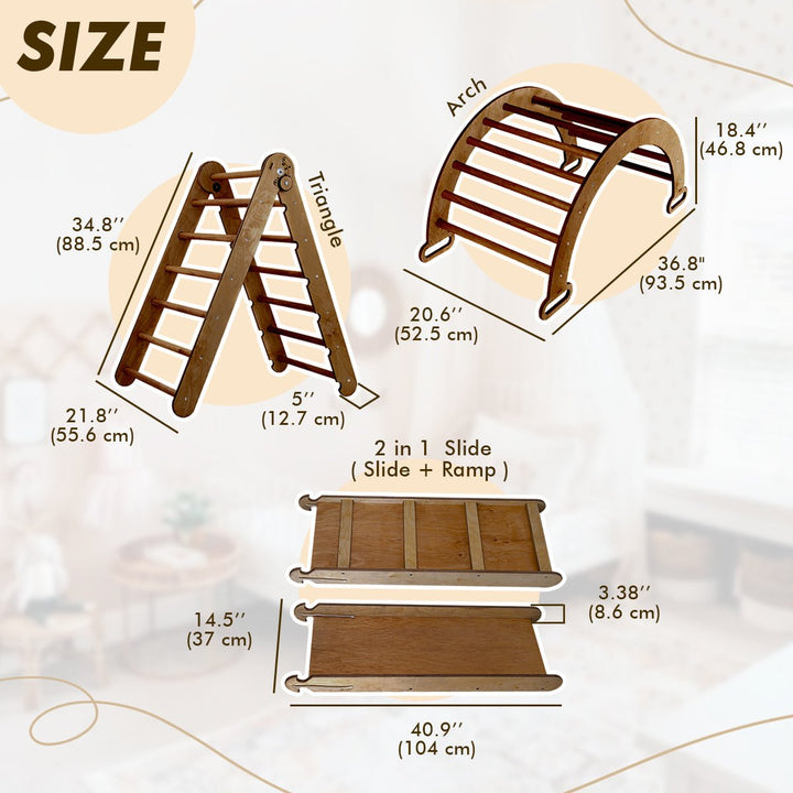 3in1 Montessori Climbing Set: Triangle Ladder + Arch/Rocker Balance + Slide Board – Chocolate - Goodevas