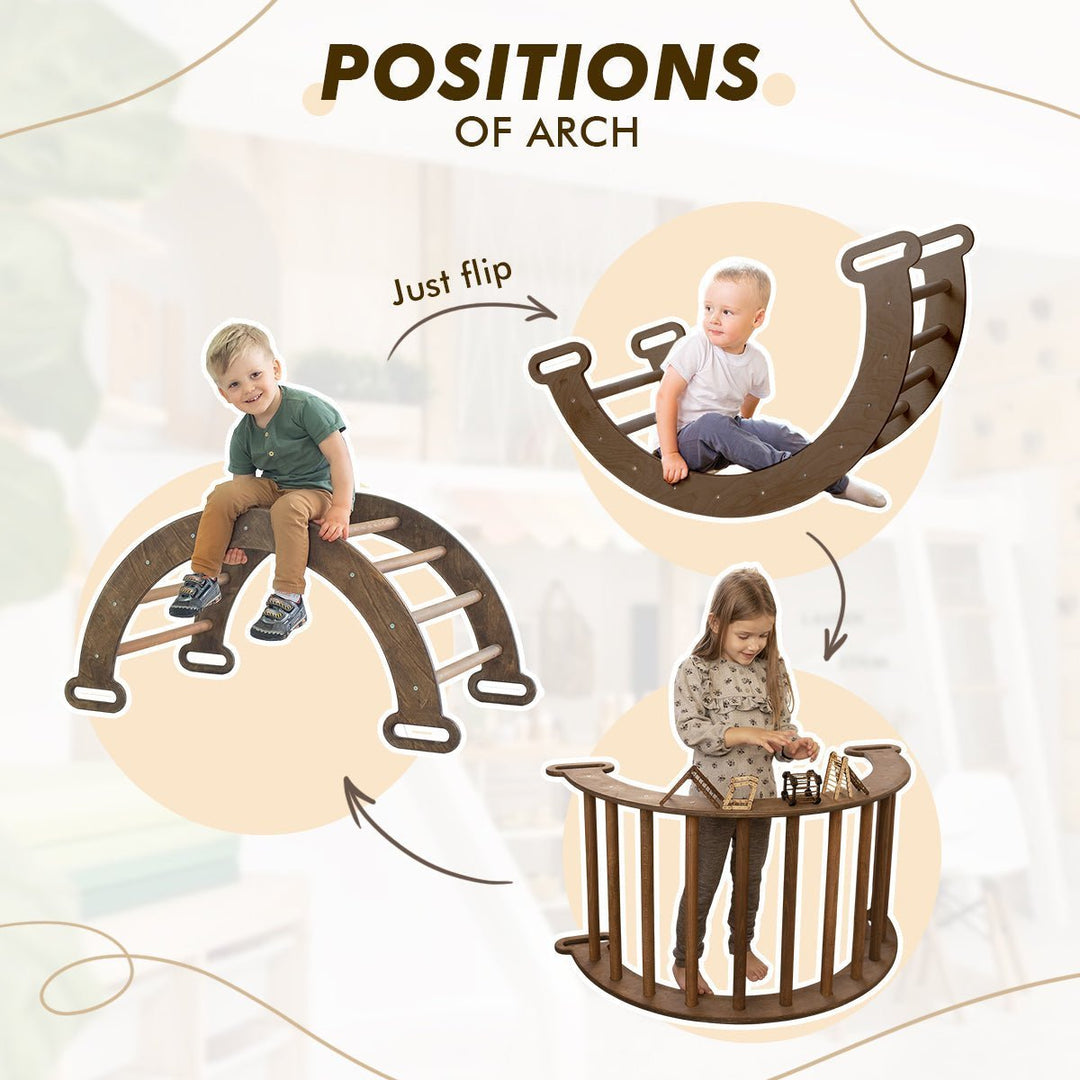 3in1 Montessori Climbing Set: Triangle Ladder + Arch/Rocker Balance + Slide Board – Chocolate - Goodevas