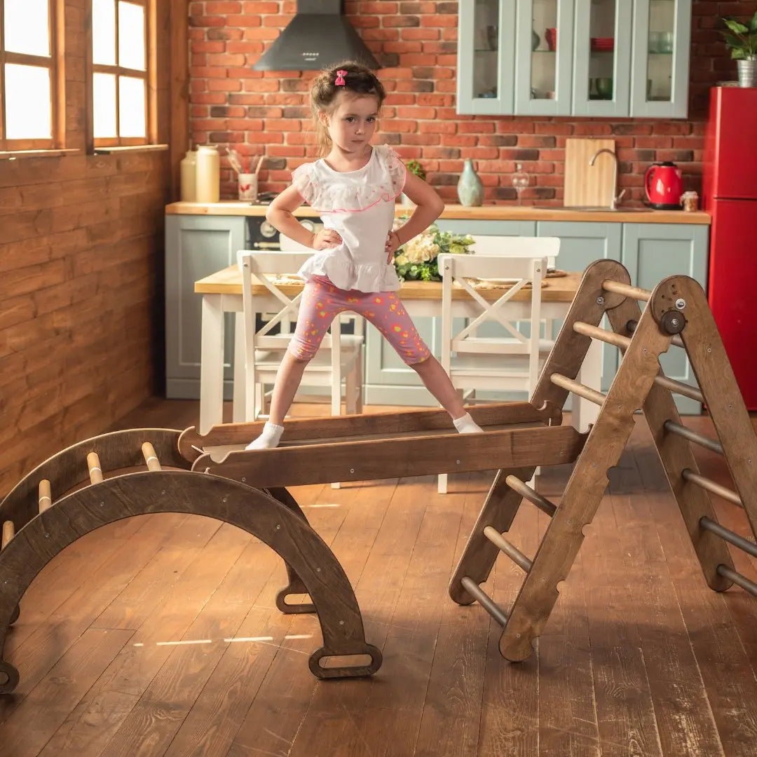 3in1 Montessori Climbing Set: Triangle Ladder + Arch/Rocker Balance + Slide Board – Chocolate