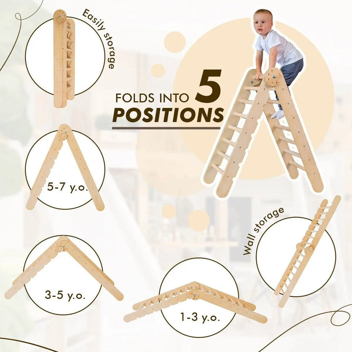 3in1 Montessori Climbing Set: Triangle Ladder + Wooden Arch + Slide Board – 5 positions of Triangle Ladder