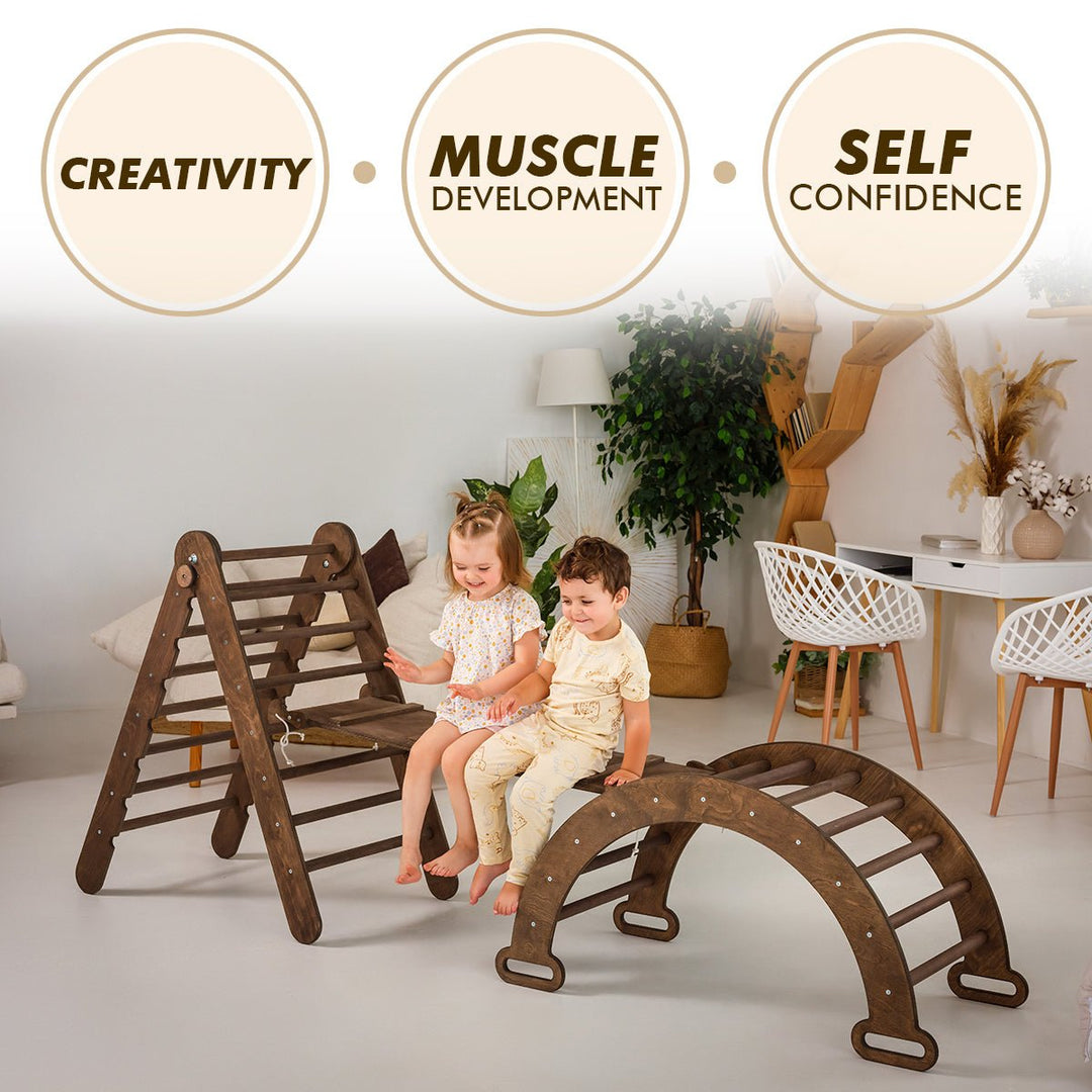 3in1 Montessori Climbing Set: Triangle Ladder + Wooden Arch + Slide Board – Chocolate NEW - Goodevas