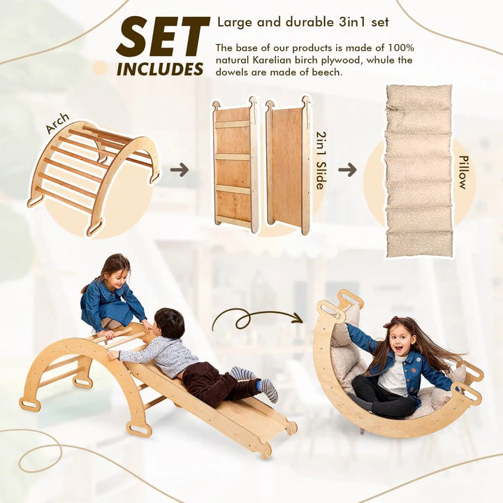 3in1 Montessori Play Set for Toddlers: Arch + Slide + Cushion - Beige - Goodevas
