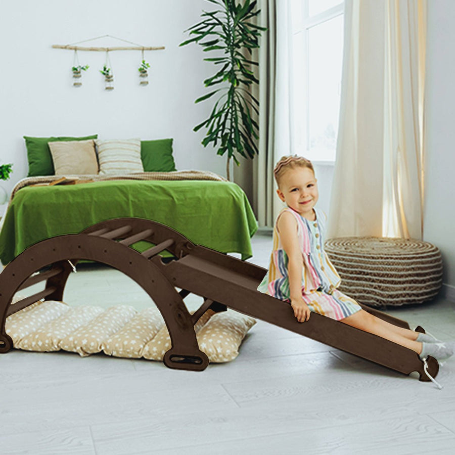 3in1 Montessori PlaySet for Toddlers: Arch + Slide + Cushion - Chocolate - Goodevas