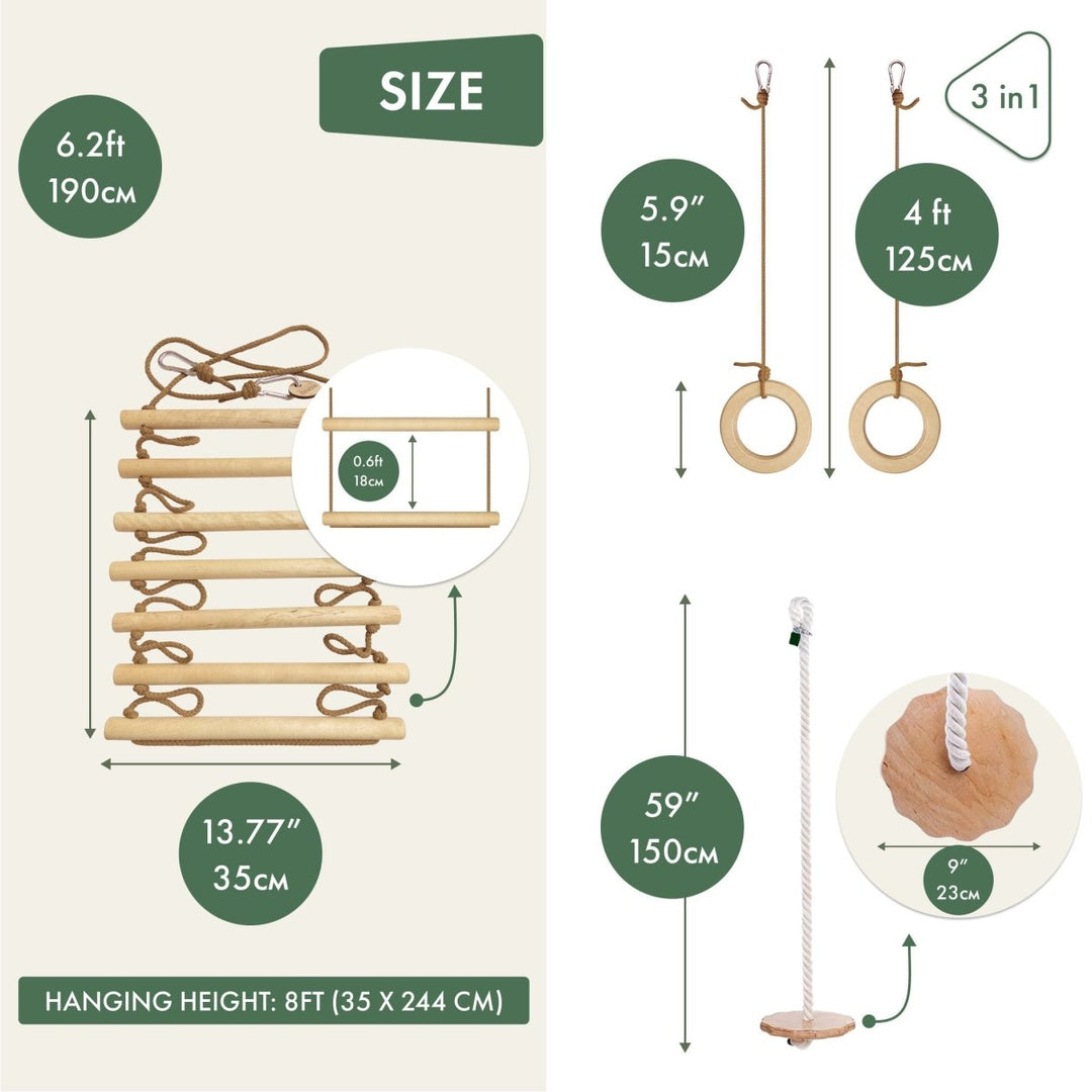 3in1 Swing & Climbing Set: Rope Ladder, Gym Rings & Disc Swing - Goodevas