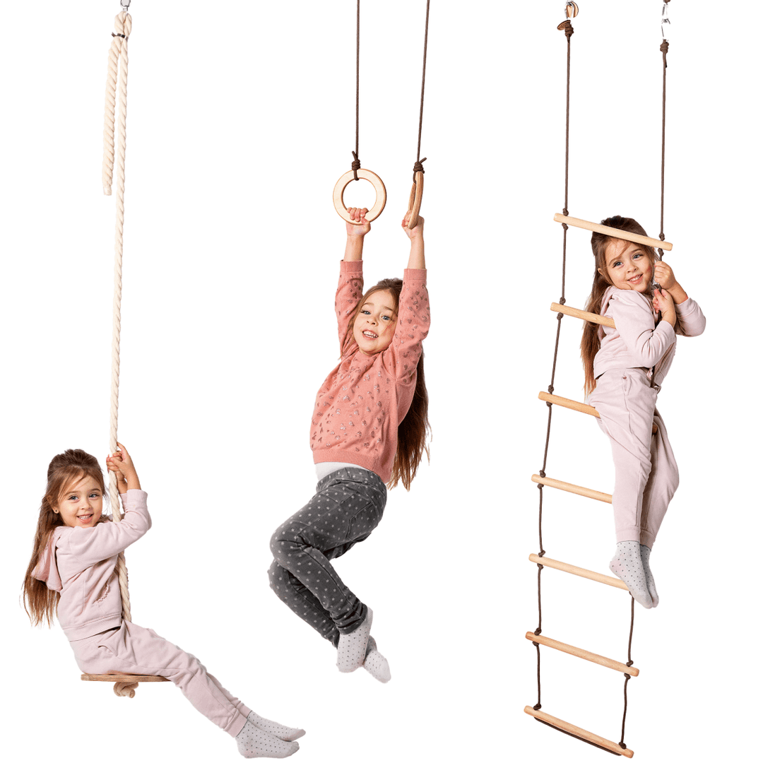 Ring Rope Ladder 3in1 Swings Set: Rope Ladder + Gymnastic Rings + Disc Rope Swing