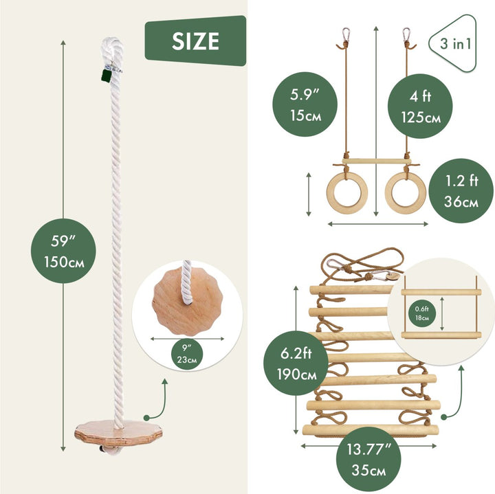 3in1 Swing & Climbing Set: Rope Ladder, Gym Rings & Disc Swing - Goodevas