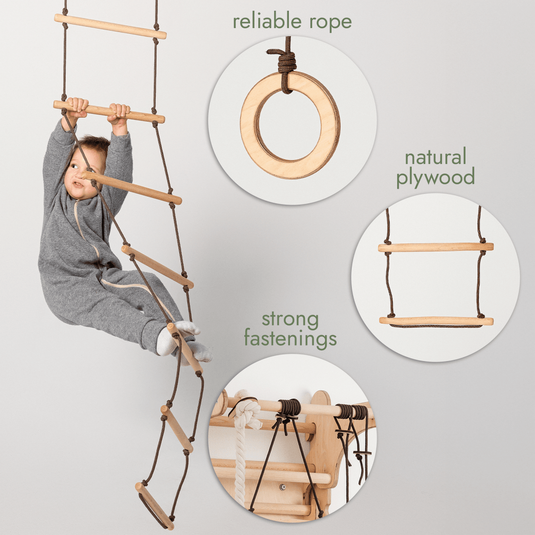Ring Rope Ladder 3in1 Swings Set: Rope Ladder + Gymnastic Rings + Disc Rope Swing