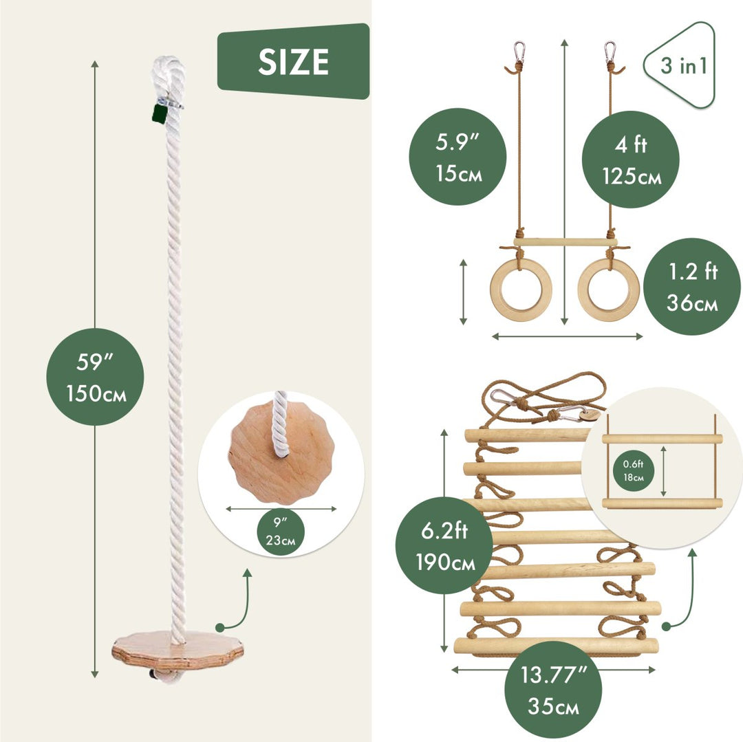 3in1 Swings Set: Rope Ladder + Gymnastic Rings + Disc Rope Swing - Goodevas