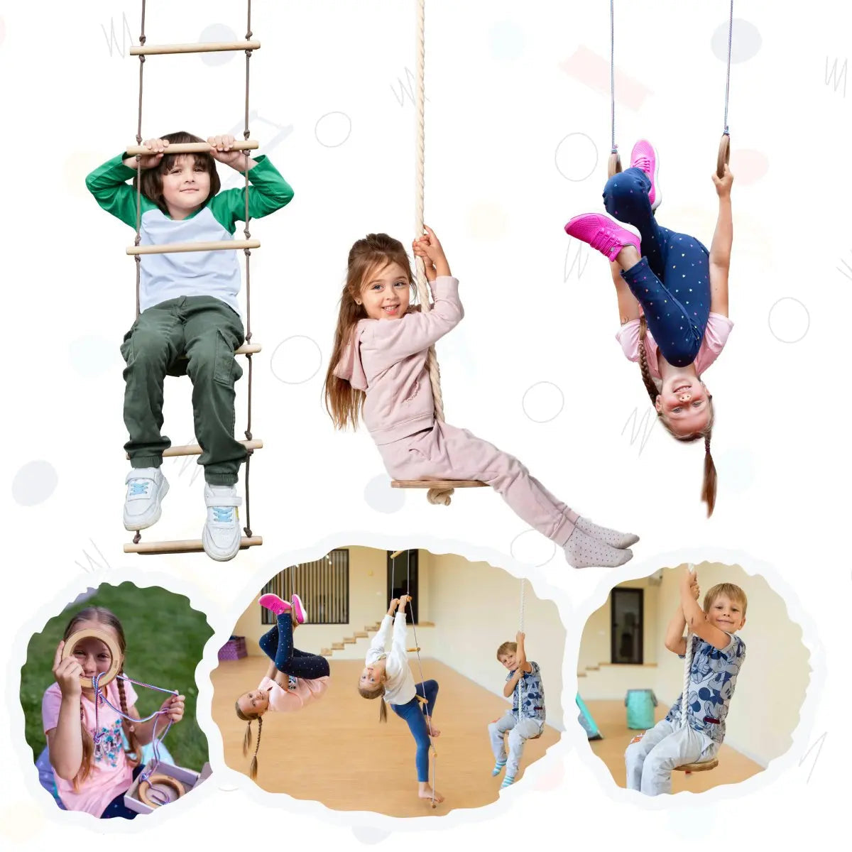 Balance Rope Swing 3in1 Swings Set: Rope Ladder + Gymnastic Rings + Disc Rope Swing ...