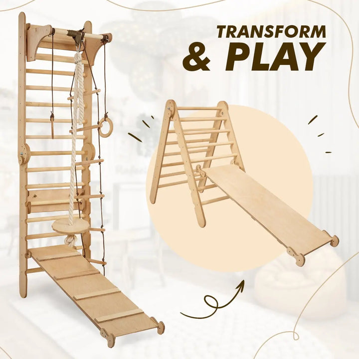 4in1 Climbing Set: Wooden Swedish Wall + Swing Set + Slide Board + Triangle Ladder - Goodevas