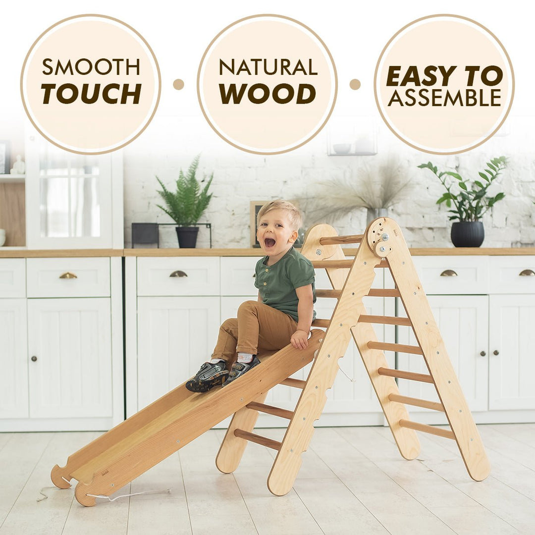 4in1 Montessori Climbing Frame Set: Triangle Ladder + Arch/Rocker + Slide Board/Ramp + Netting rope - Goodevas